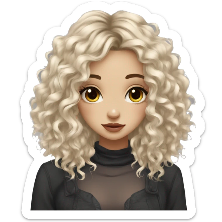 girl pretty, pale medium length curly black hair with hair layers, bangs, big hazel eyes, big lips, small nose, nose nostril piercing, three ear piercings sticker