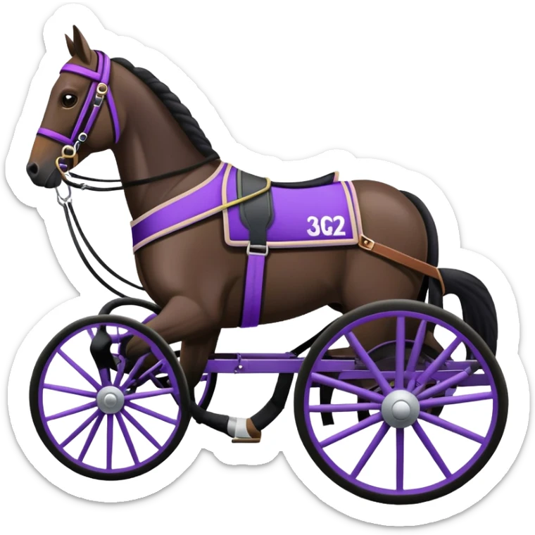 An emoji of a harness racing horse. The sulky, should be black and attached to the horse’s harness. The driver should be purple, seated in the sulky. sticker