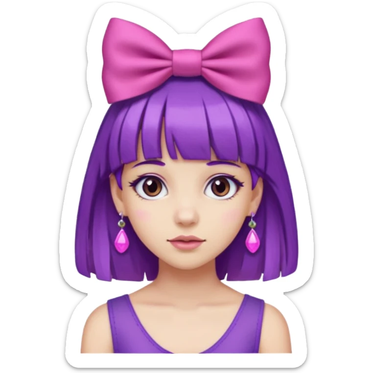 girl with bangs and purple hair and pink hairbow on the side of head and earrings sticker