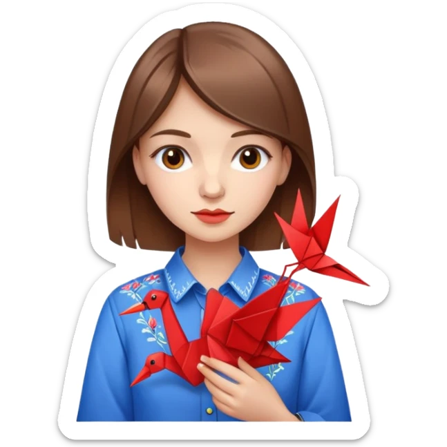 Ukrainian young girl with brown hair wearing an embroidered shirt holds an origami red crane sticker