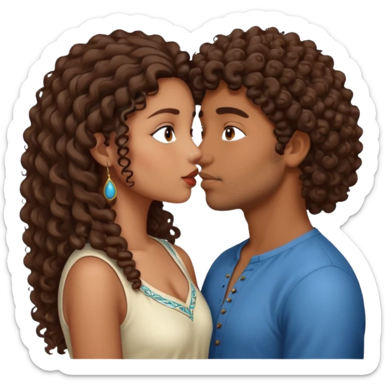 Indian girl with curly hair kissing Indian man with straight hair, they are both brown skin sticker