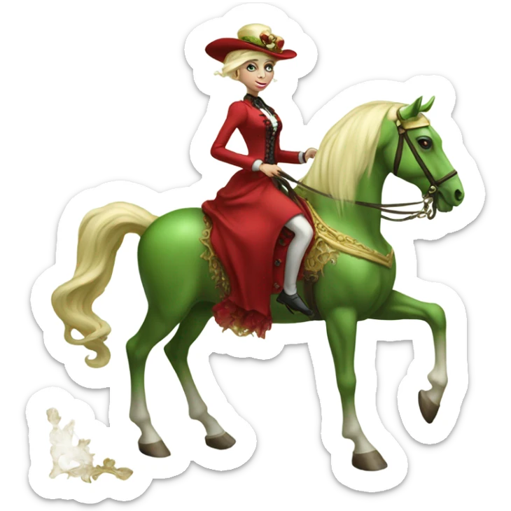 "galora green blonde alien woman" in red Victorian elegant dress, full body, rides "horse gold and white"
 sticker