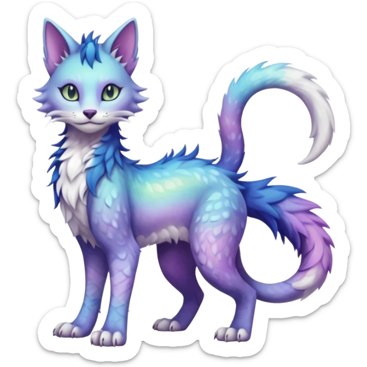 Kawaii iridescent beautiful pretty elegant divine edgy fantasy feline-vernid-sergal-fursona animal creature with a tufted tail full body with intricate markings  sticker