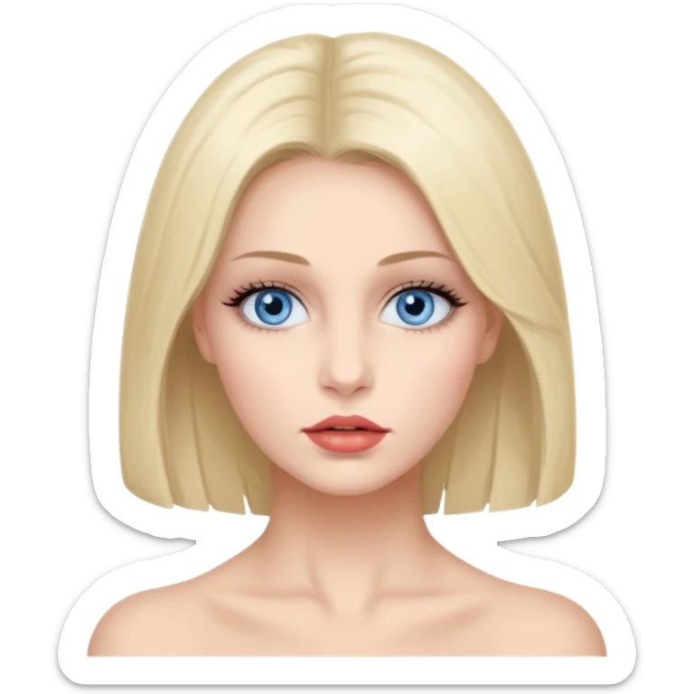 Bonnie Blue Porträt einer jungen Frau mit ovalem Gesicht, großen hellblauen Augen, langen Wimpern und geschwungenen Augenbrauen. Gerade, feine Nase und volle Lippen mit sichtbarem Lächeln. Glatte, leicht gebräunte Haut mit natürlichem Glow. Schulterlanges, blondes Haar mit Locken und Mittelscheitel sticker