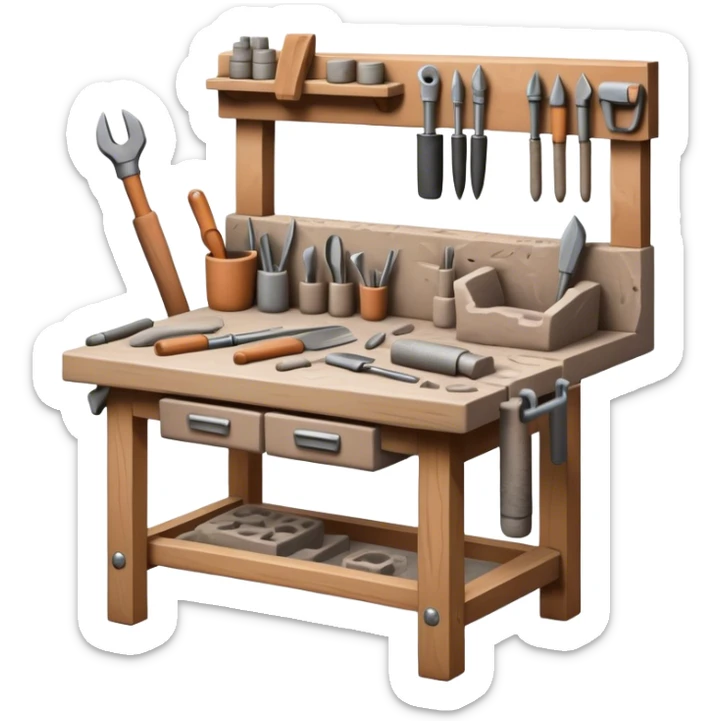 Cinematic Realistic image of a workbench set with a lump of pliable clay and artisanal sculpting tools, rendered with finely detailed textures that reveal subtle clay particles and well-worn tool surfaces, bathed in warm, focused studio lighting sticker