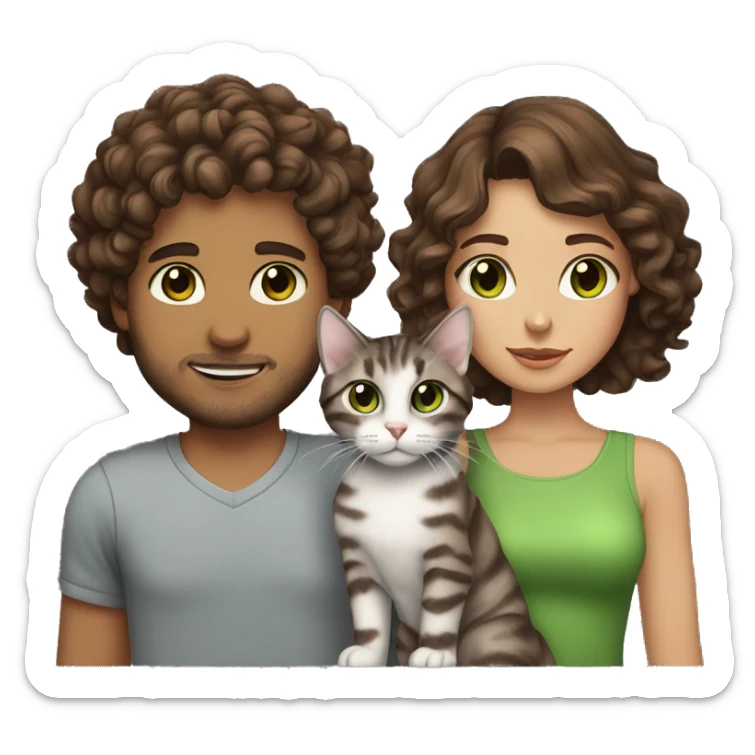 a brunette with curly hair and brown eyes and her boyfriend with fluffy brown hair and brown eyes holding a grey tabby cat with green eyes sticker