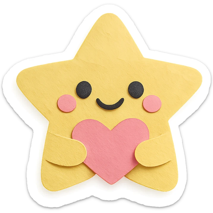 Smiling pastel yellow star clutching a small pastel heart, no arms or legs, full body, transparent background, kawaii paper craft style. sticker