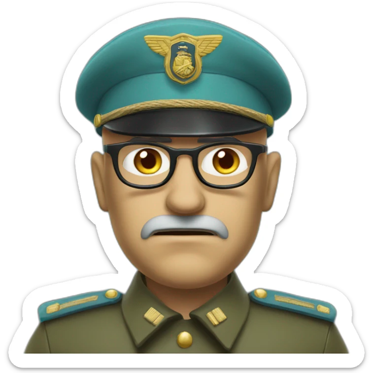 Realistic cyan beret bald very furious middle age general with glasses no hair furious very angry frown with khaki idf uniform sticker