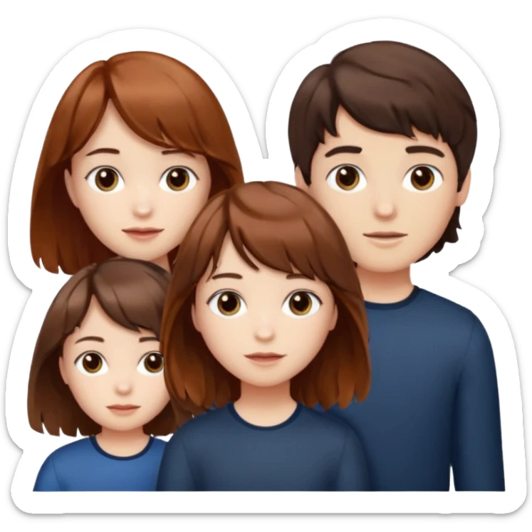 Two girls and a boy. Girl one has long, wavy, light to reddish-brown hair with bangs. Girl two has a dark-colored bob haircut. The boy has wavy, tousled, light to reddish-brown hair with a right side parting. sticker