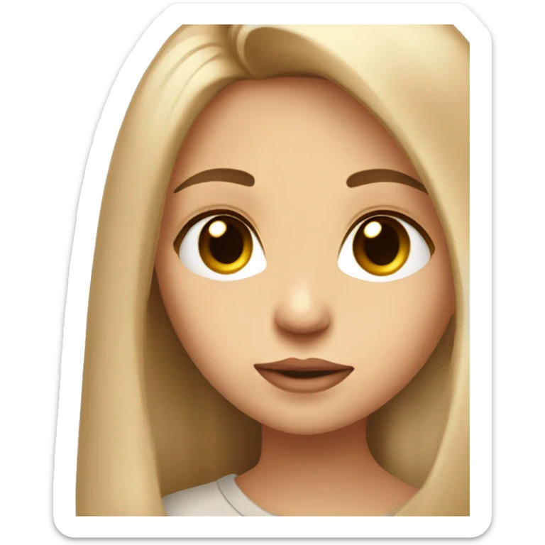 girl with light long straight hair, in beige t-shirt, baby face, small nose, big lips, brown eyes sticker