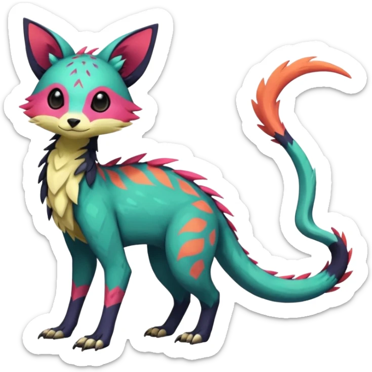 Rare realistic exotic edgy epic pretty beautiful handsome gorgeous aesthetic colorful vibrant Vernid-Trico-species-Fakemon-creature by LiLaiRa, 4 legs, 1 tail, random markings, (full body) sticker