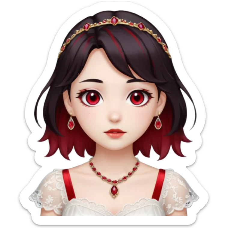 Beautiful shiny Gorgeous Anime Lady with dark hair and red hair streaks with a beautiful white silky lace dress and rubies and onyx gems  sticker