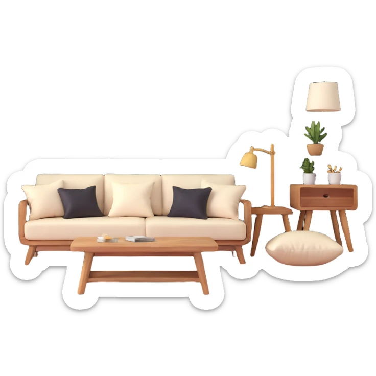 large open concept room with cream walls, wooden floor, cute decorative pillows, wooden furniture sticker