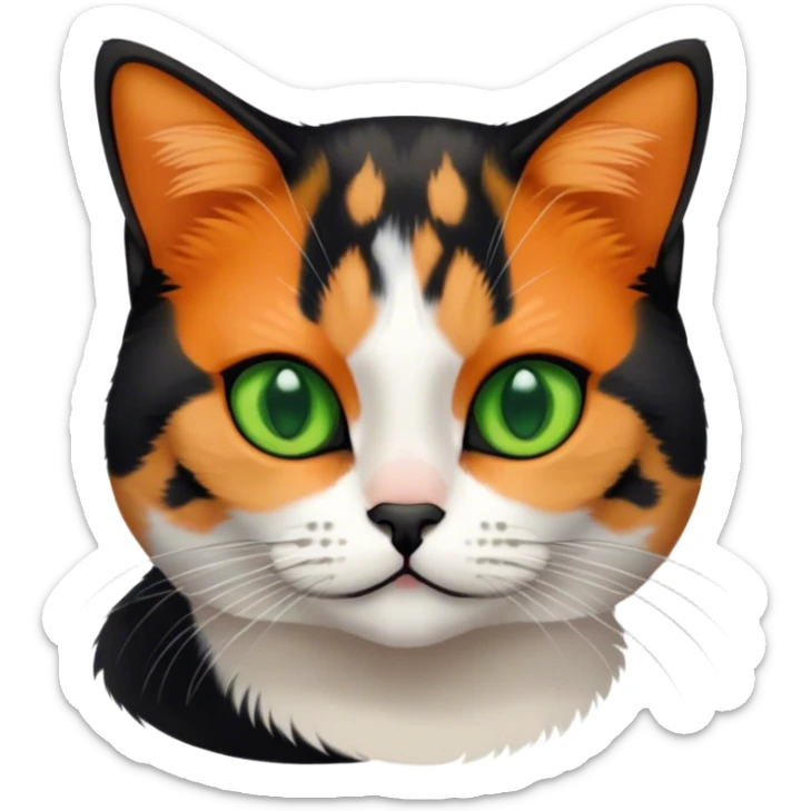 American shorthair calico cat with green eyes and black fur on the right side of their face and orange on the left side sitting down sticker