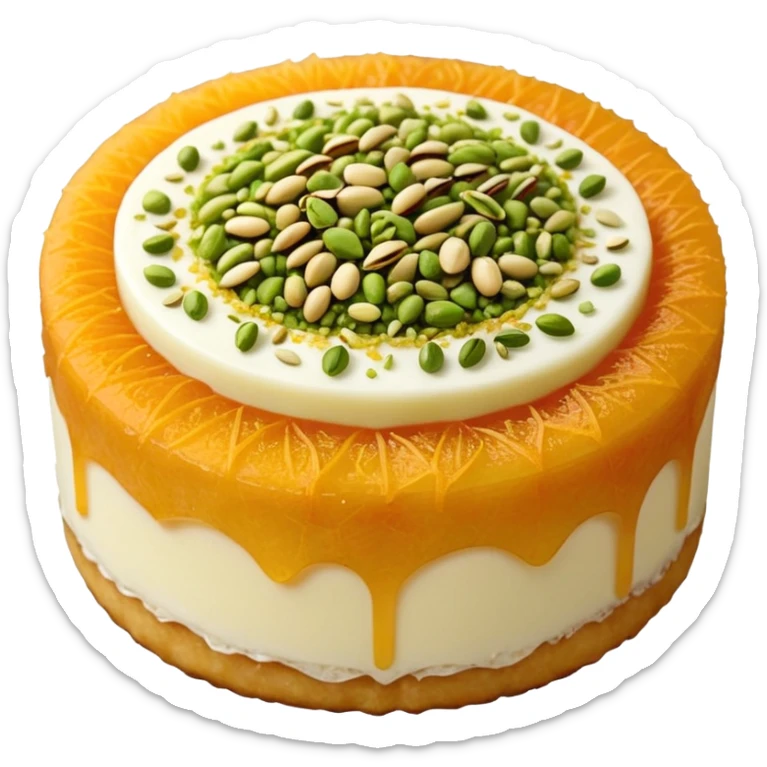 A small round emoji of traditional kanafeh with golden-orange crispy threads, a gooey white cheese center, and a light sprinkle of green pistachios. Warm and delicious-looking. sticker