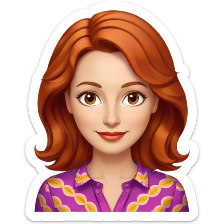 Woman in her 40s with elongated face, soft features, prominent cheekbones, friendly warm smile, medium almond-shaped brown eyes, defined eyebrows, straight nose, medium lips, vibrant red wavy hair, wearing a colorful blouse sticker
