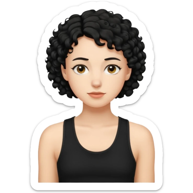a white woman with short tomboy curly black hair wearing men's black tank top sticker