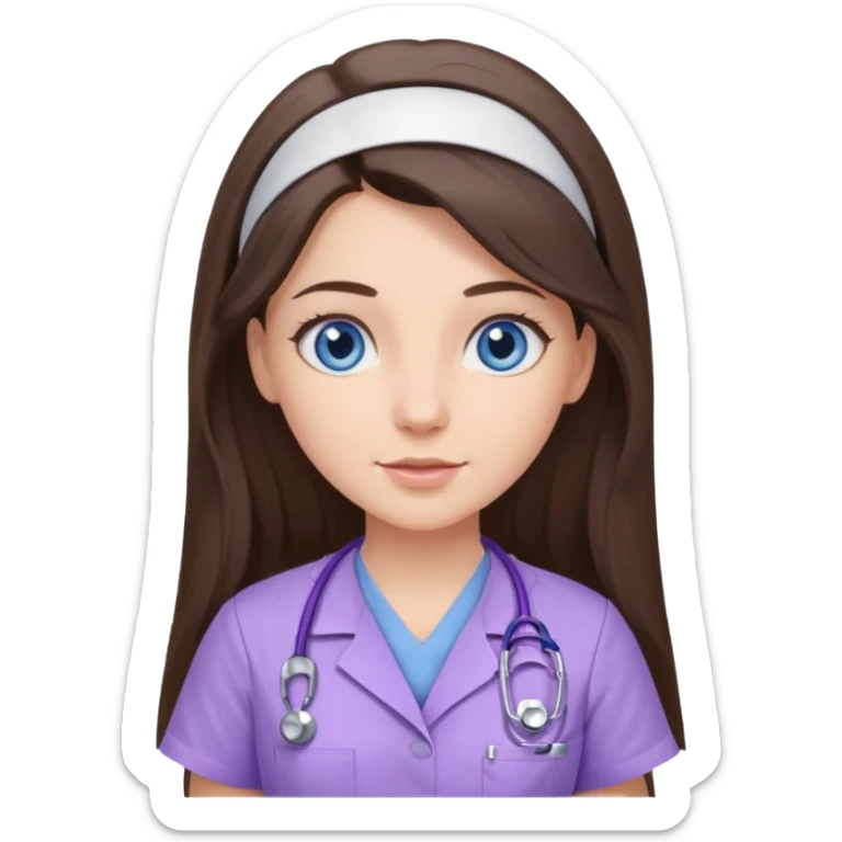 pretty brunette nurse with long hair and blue eyes in lilac scrubs sticker