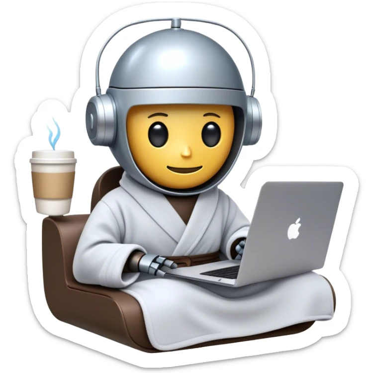 An emoji of a remote-working robot, sitting comfortably with coffee and laptop wrapped in a cozy bathrobe. The robot's head resembles a sleek, futuristic helmet with a smooth, reflective surface. Its eyes are not human-like but rather glowing digital slits or circular LED indicators. sticker