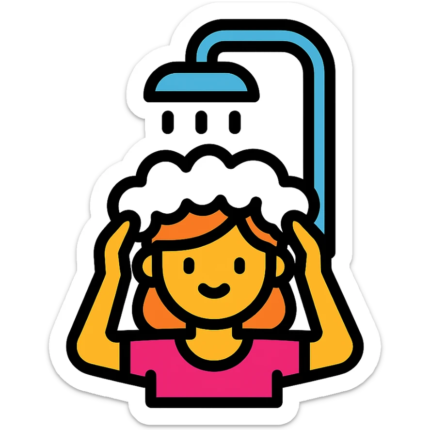 A girl washing her hair in a shower, clean aesthetic sticker