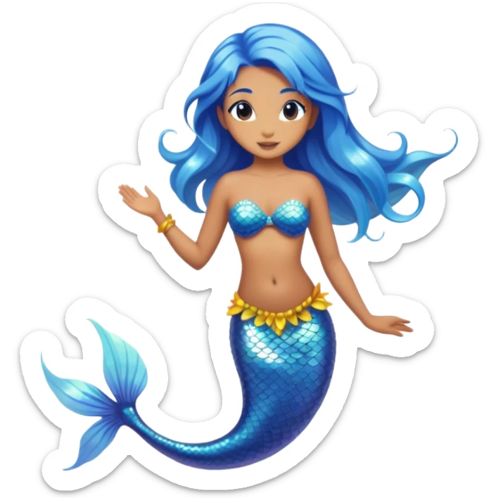 Cinematic Realistic Blue Hair Mermaid Portrait, depicted with lifelike, sun-kissed tanned skin that exudes a warm, radiant glow under gentle underwater lighting. Her intricately detailed, flowing blue hair cascades like a waterfall of ocean hues, framing deep, mesmerizing eyes that capture the vibrant spirit of the sea. Adorned with a shimmering tail and delicate tropical accents, the portrait features an enchanting underwater glow that blends realism with mythic coastal allure. sticker