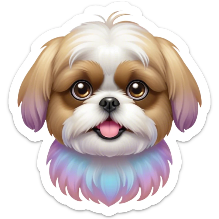 Cinematic Comical Shih Tzu Portrait Emoji, Head cocked with a hilariously exaggerated, shocked expression and twinkling, comically wide eyes, showcasing a fluffy, luxurious fur in soft pastel tones, simplified yet whimsically detailed, glowing with a playful, sassy radiance, high shine, exuding a humorous and cheeky charm, styled with a soft glowing outline, capturing the essence of a Shih Tzu that looks as if it could burst into a fit of playful antics at any moment! sticker
