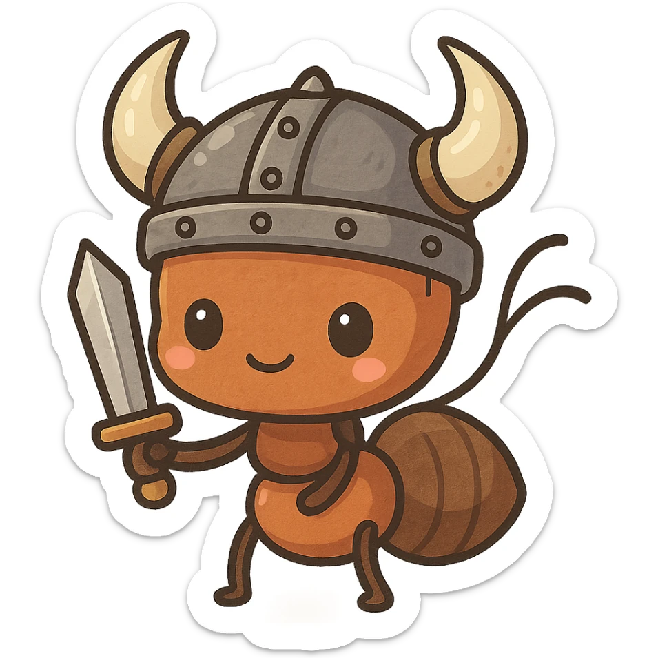 viking warrior ant, horned helmet, sword, cute and chibi style sticker