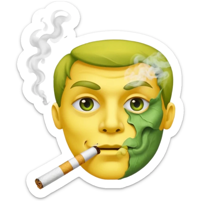 Hazme una carita amarilla aturdida con un cigarro en la boca soltando humo, el cigarro es de papel de liar y dentro está relleno de un tabaco verde sticker