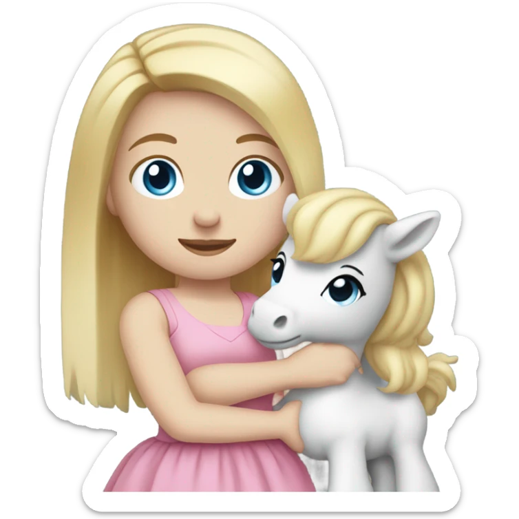 Blonde, pale skin, blue eyes girl wearing a pink dress cuddling her pony stuffed animal. sticker