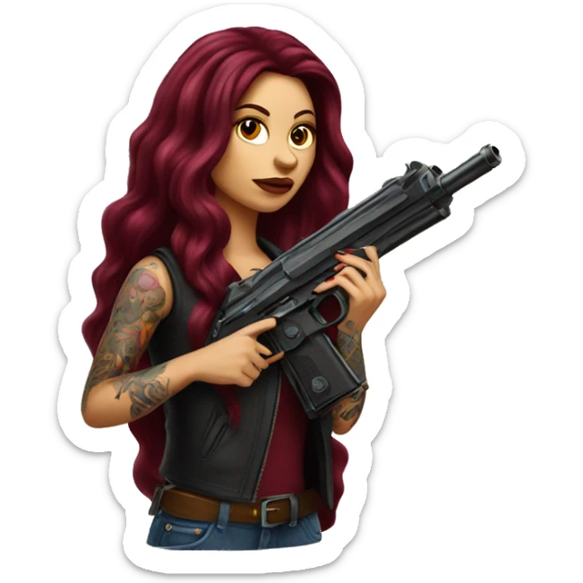 Beautiful tattooed burgundy long haired woman with a gun sticker