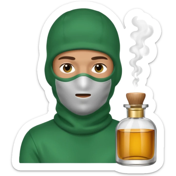 Um homem pele morena com balaclava Baforando lança perfume num vidro mais fino e com tampa verde sticker