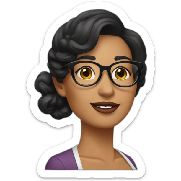 Una mujer de 36 años, piel morena clara, lentes de color blancos, cabello negro ondulado largo, ojos negros, color de labios rosado sticker