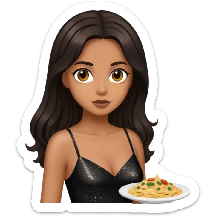 Beautiful woman in 1950’s woman fashion look, black shimmery dress, long dark brown hair, Carbonara sticker