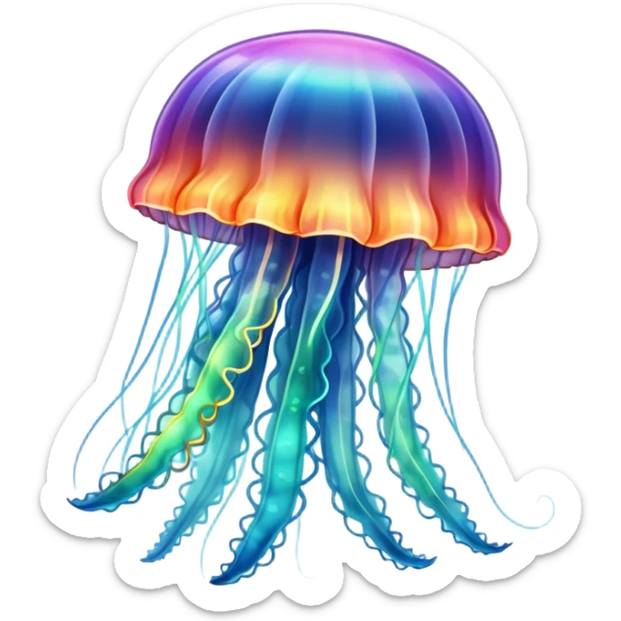 A jellyfish in multicolored hues drifts through the sea, glowing like a living rainbow sticker