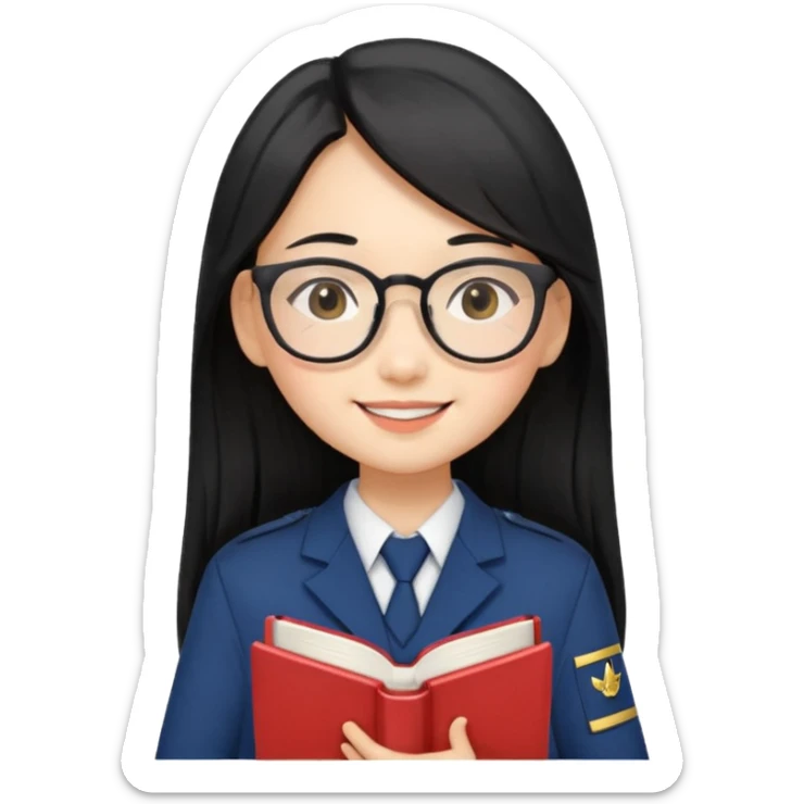 A student, asian girl, long black hair, wearing glasses, uniform, hold book in front of their chest sticker