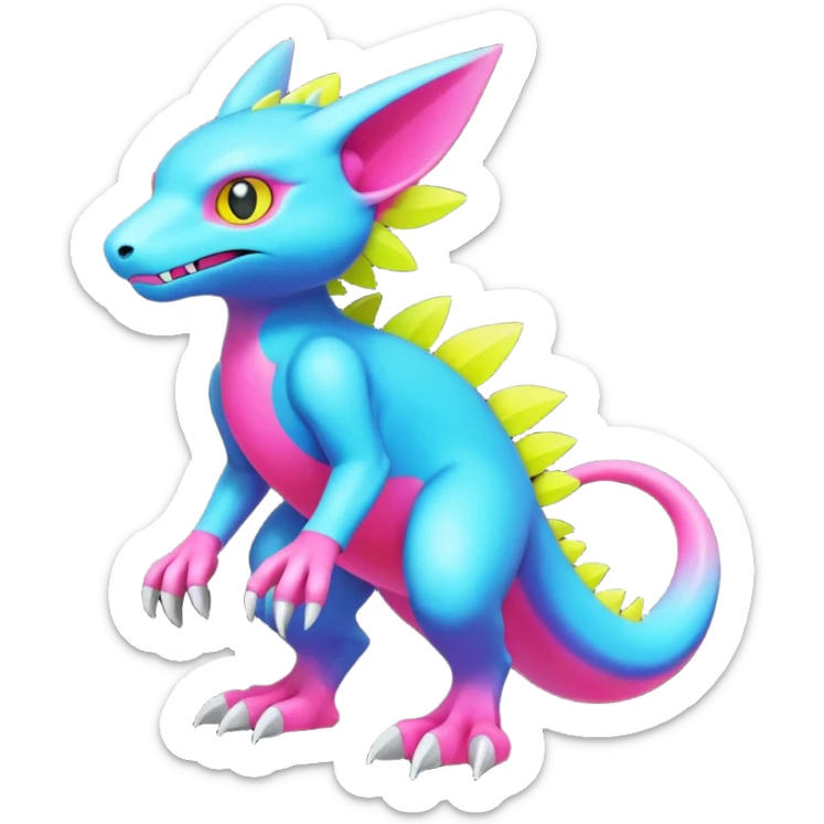 colorful neon-colored Fakémon-Digimon-Fionbri-Trico-creature (full body) sticker