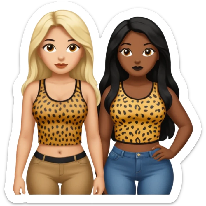 Tan Latina woman with long black hair chubby and black dark skinned woman with long blonde hair slim thick in cheetah top sexy sticker
