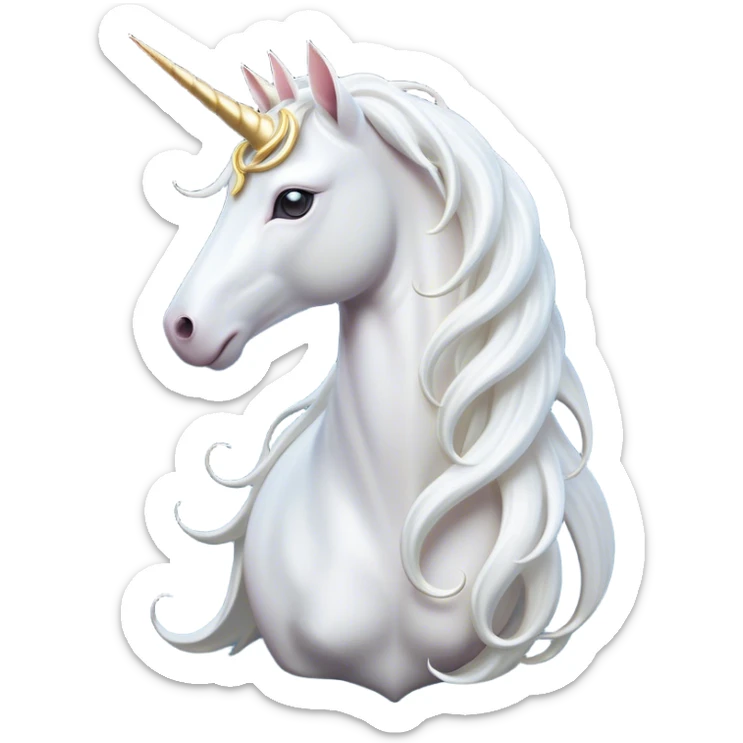 Cinematic Noble White Unicorn Portrait Emoji, Poised and regal, with a slender, ethereal form draped in a pristine white color, a flowing mane and tail, and a glistening, spiraled horn that radiates pure light, Simplified yet sharp and sophisticated features, highly detailed, glowing with a soft, iridescent luminescence, high shine, intelligent and transcendent, stylized with an air of mythical enchantment, focused and serene, soft glowing outline, capturing the essence of a watchful and confident white unicorn that appears ready to prance out of the screen with magical grace! sticker