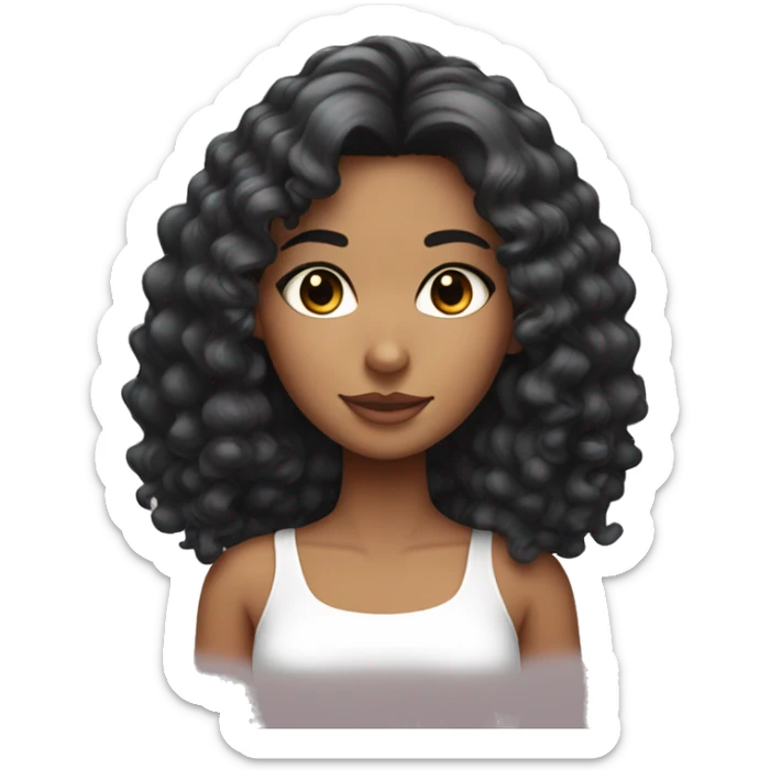 tanned skin girl with black curly medium length hair with eyelashes and a white top  sticker