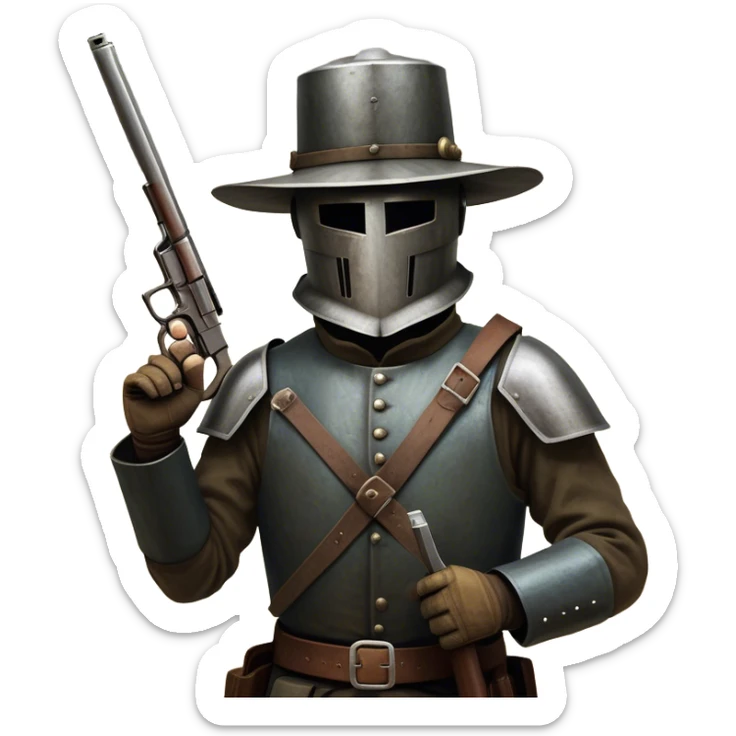 Cinematic Realistic Ned Kelly Portrait Emoji, depicted as the legendary Australian bushranger in his iconic homemade iron helmet and armor, gripping a revolver with a defiant stance. The scene is rendered with gritty textures and dramatic, shadowed lighting, evoking the lawless frontier and his rebellious, fearless legacy. sticker