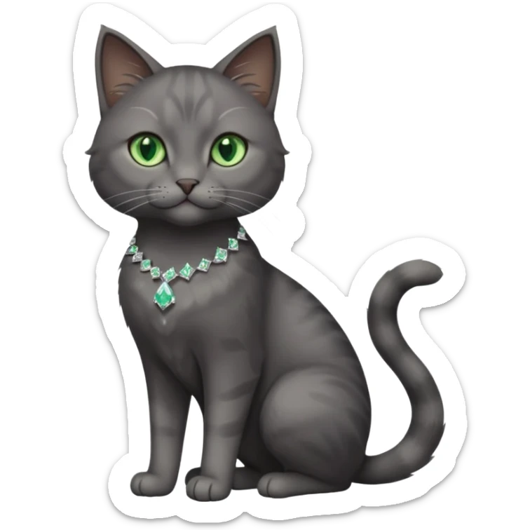 full body view of beautiful female dark grey cat with green eyes, white toes and white diamond on chest sticker