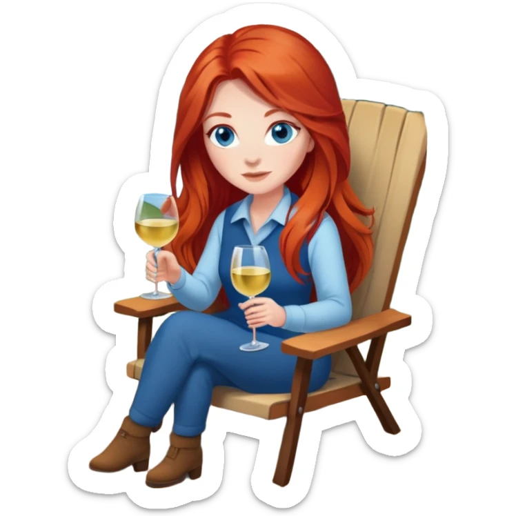 Laughing woman with long red hair and blue eyes holding white wine sitting in chair beside campfire sticker