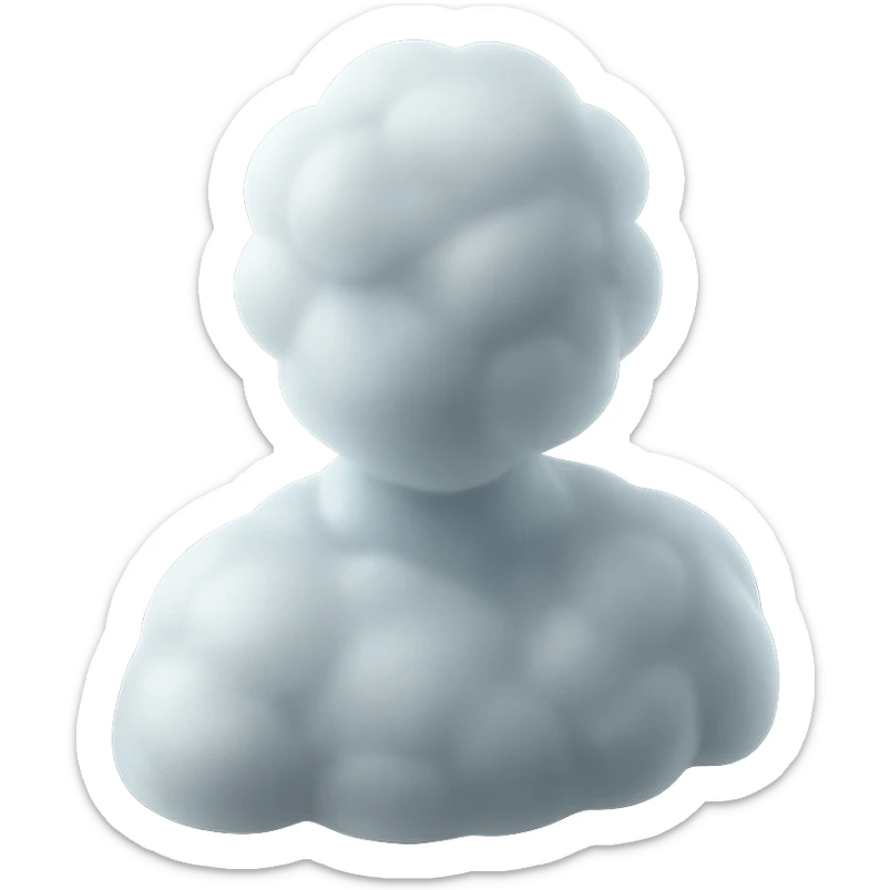 front view of a person made entirely of white fluffy convex clouds, shoulders visible, matte glass style sticker