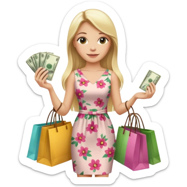 rich long straight hair blonde australian millionare woman holding a lot of money and shopping bags in both hands wearing cute floral dress sticker