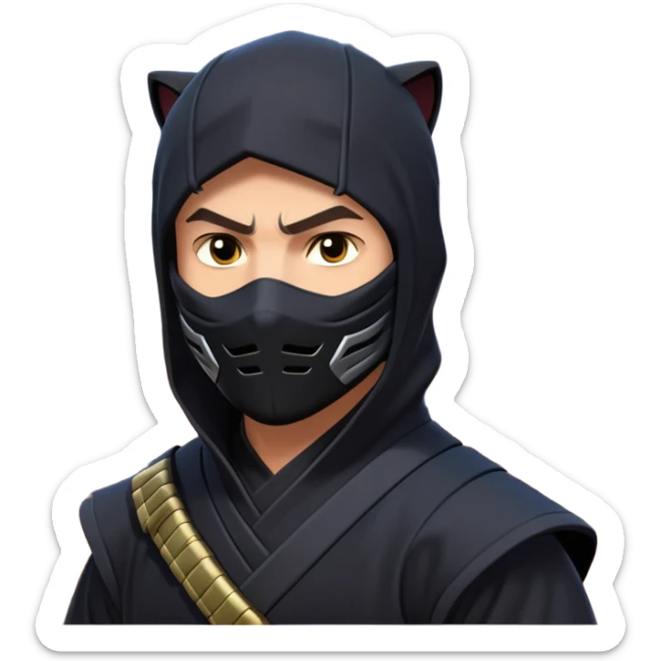 clash-of-clans-aesthetic_-cinematic-mysterious-male-ninja-portrait-emoji, rendered in a flat, vector-style with minimal shading and bold, simplified shapes, with a head slightly turned revealing intense, focused eyes. Next to him is an agile trained panther tiger with glossy fur moving silently through shadowed urban rooftops and moonlit alleyways. sticker