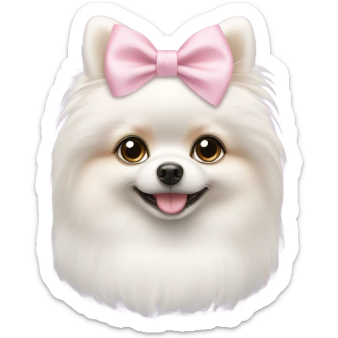 A white little Pomeranian with a cute little light pink bow on her hair sticker