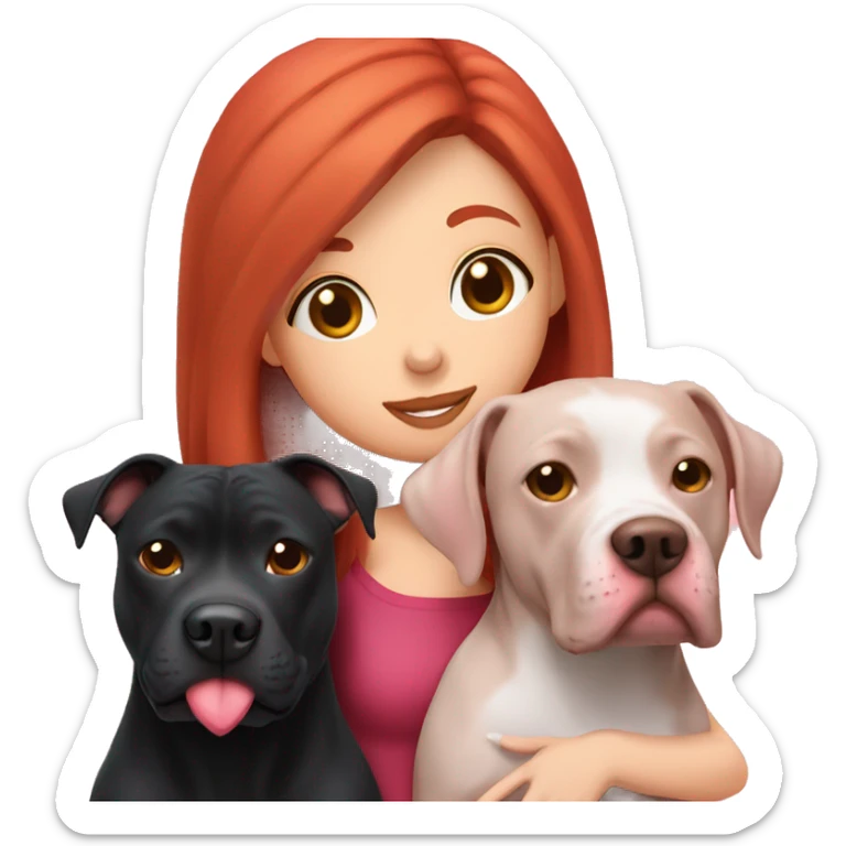 Girl with red hair kissing big black pitbull dog, pink hearts sticker
