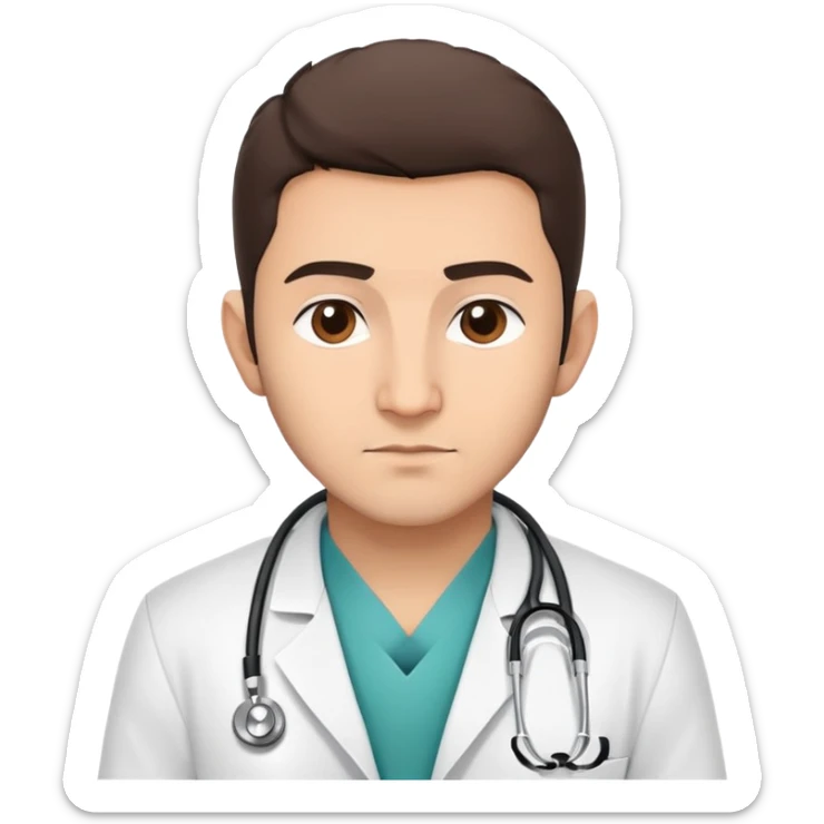 A detailed emoji-style illustration of Habib Nurmagomedov wearing a doctor's white coat, stethoscope around his neck, with a confident and serious expression, in a minimalist and clean design, suitable for messaging apps. sticker