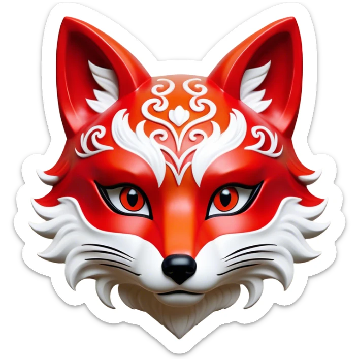 ​Cinematic Realistic Japanese Kitsune Mask, depicted as an intricately carved fox mask with flowing, delicate features and vivid traditional patterns, its mysterious eyes set against a softly blurred background that emphasizes its mystical allure and cultural significance, rendered with detailed textures and refined lighting, sticker