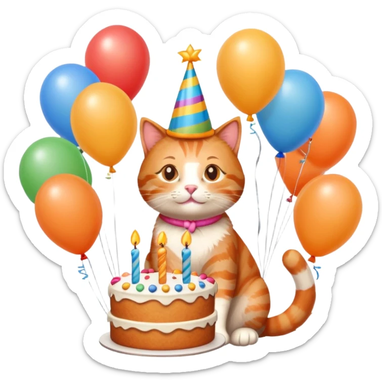 Ginger cat celebrates birthday, birthday hat, birthday cake, balloons, happy sticker